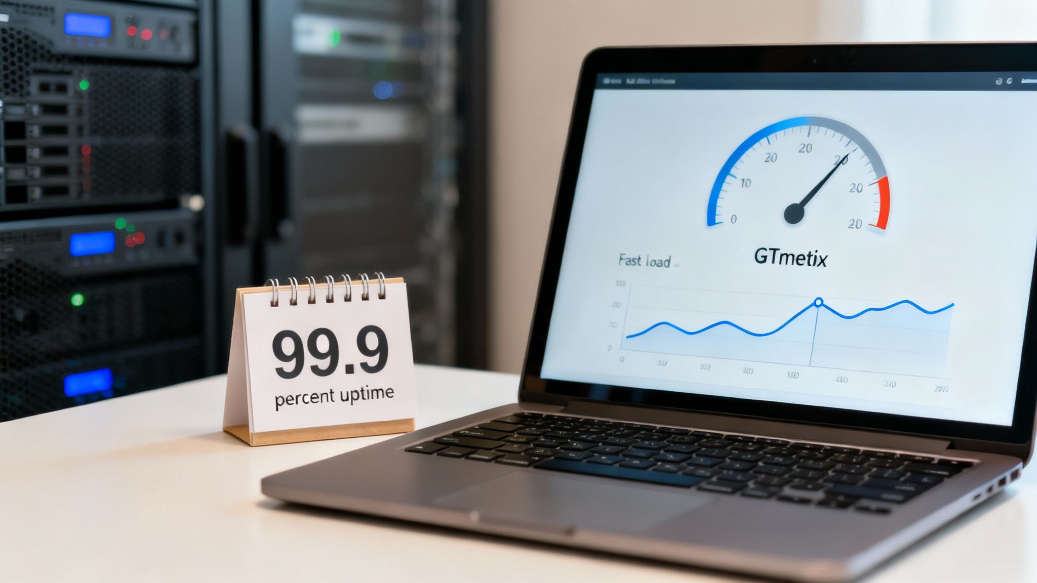 An illustration of a server with speed lines, representing performance tests.