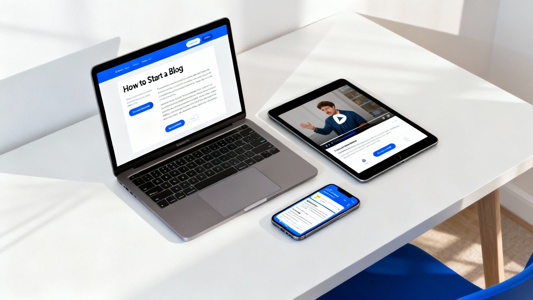 Laptop, tablet and smartphone displaying blog tutorial and responsive web design on white desk