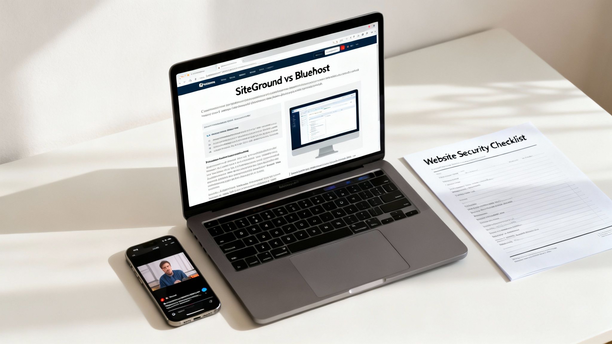 A modern workspace with a laptop displaying a SiteGround vs Bluehost article, a phone, and a security checklist.