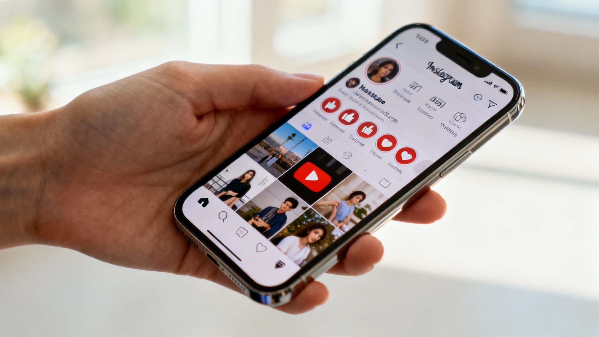 A person using a smartphone with social media icons floating around, symbolizing engagement and marketing