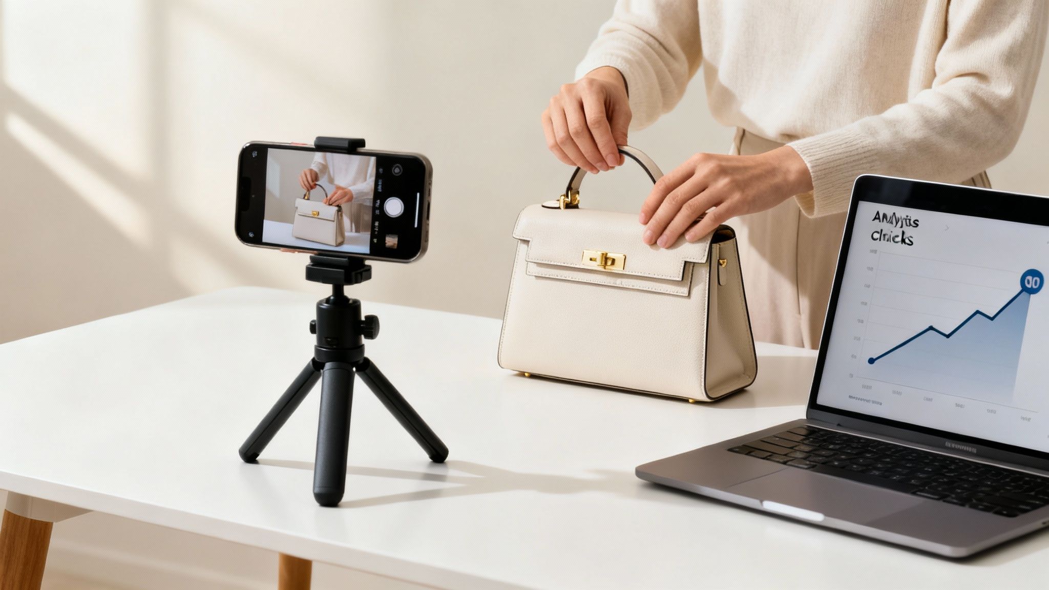 Person recording a cream handbag with a smartphone for an online review or affiliate content.