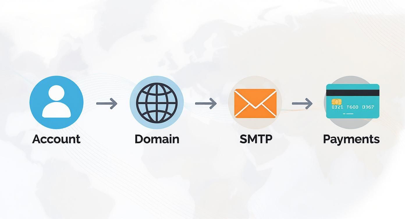 A sequential diagram illustrating the setup process: Account, Domain, SMTP, and Payments, connected by arrows.