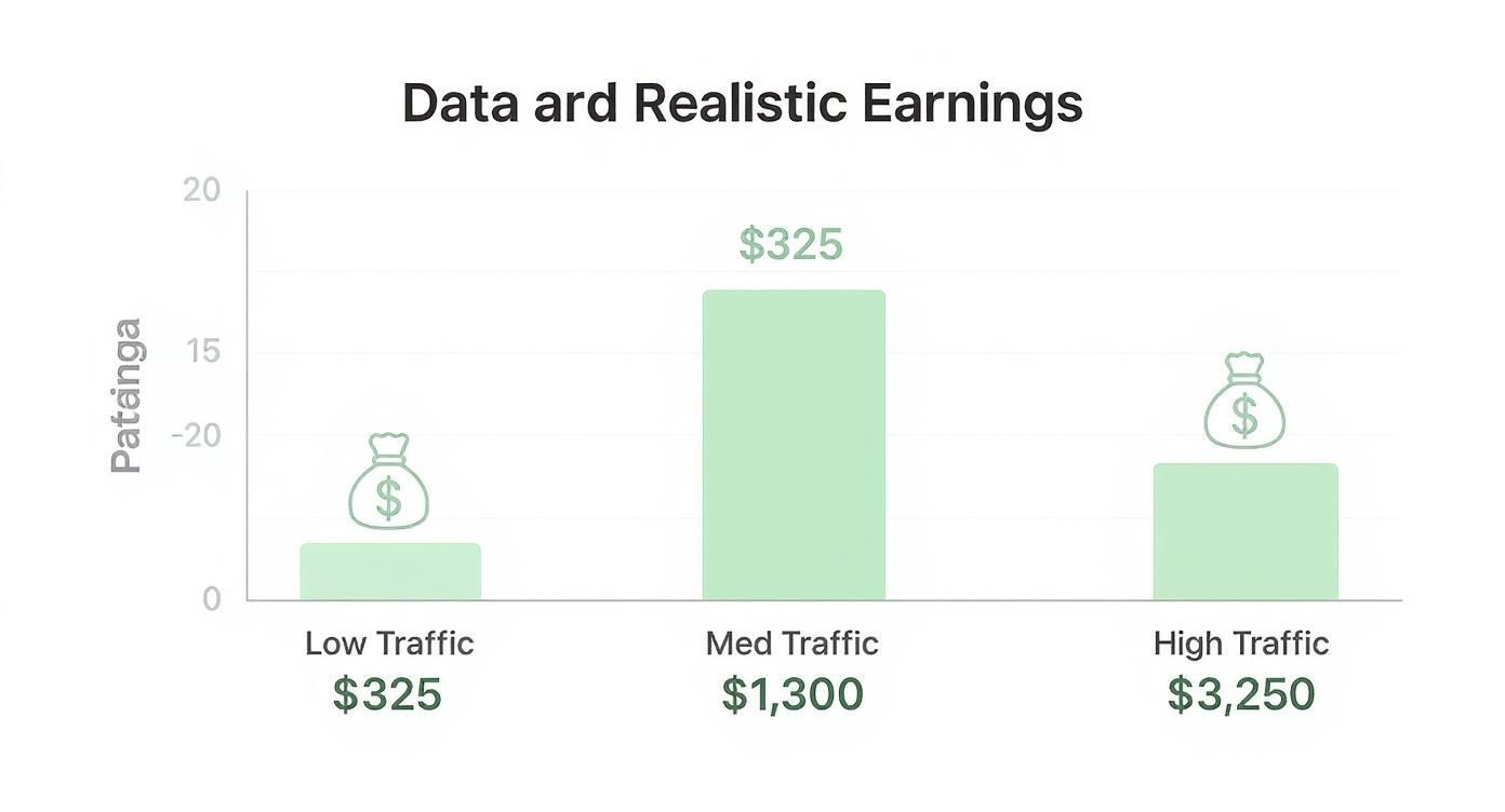 Bar chart showing Bluehost affiliate earnings potential across low, medium, and high traffic levels