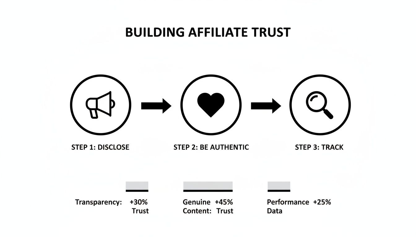 Infographic illustrating three steps to building affiliate trust: disclose, be authentic, and track, showing trust increases.