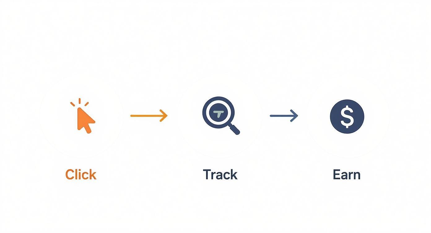 Three-step affiliate marketing process showing click, track, and earn icons with arrows