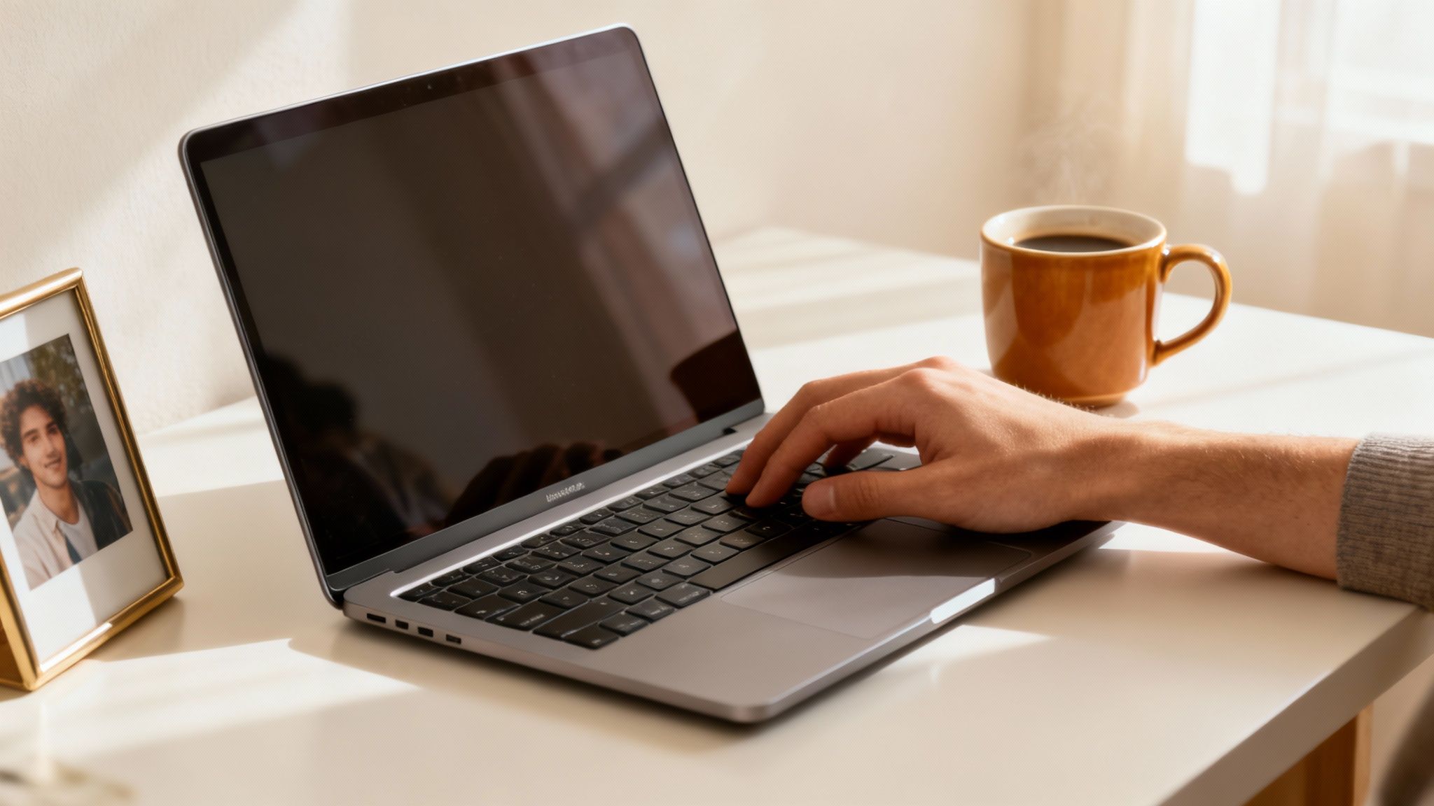 A person smiling while typing on a laptop in a cozy, well-lit room, conveying a sense of genuine and trustworthy communication.