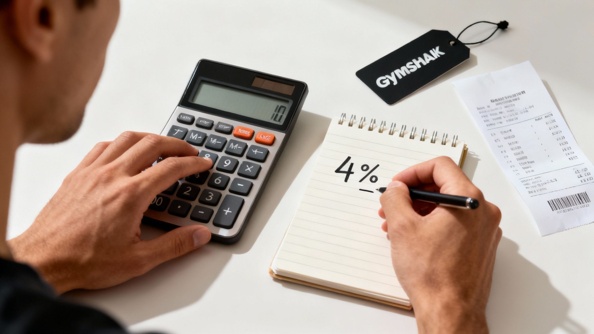 Stylishly dressed person sitting on workout equipment, looking at their phone, representing affiliate earnings.