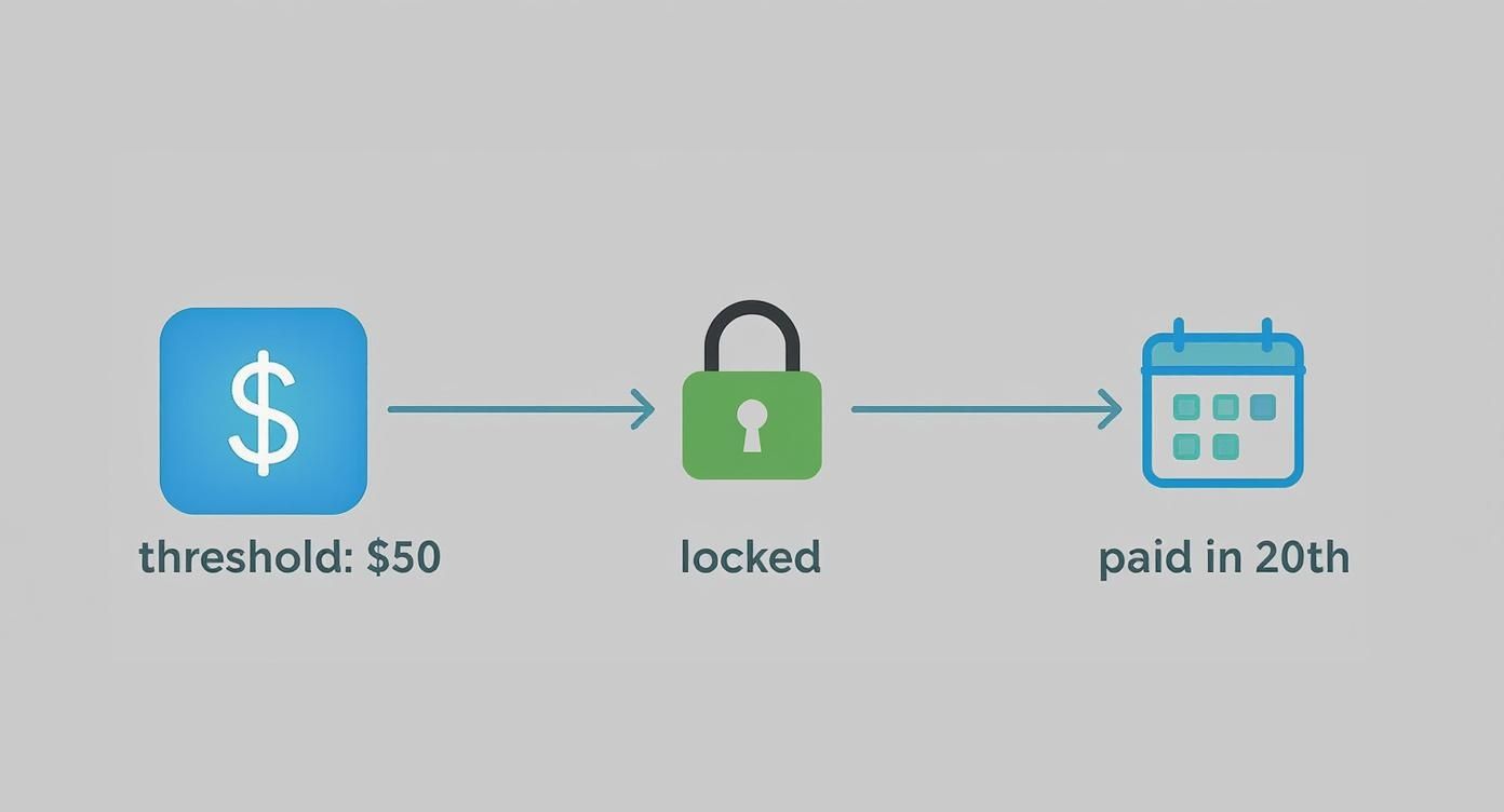 Infographic summarizing ShareASale's payout details, showing a $50 threshold, a locking period, and payments on the 20th of the month.
