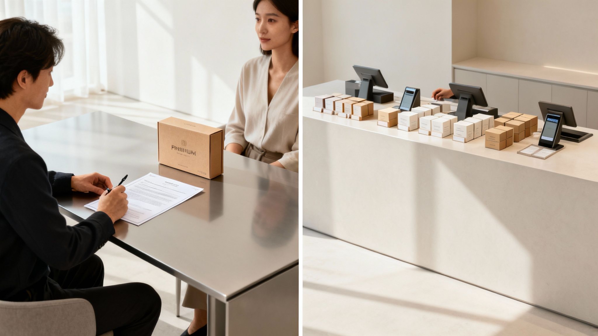 A magnifying glass comparing two different business models, one with a large dollar sign and the other with many small dollar signs