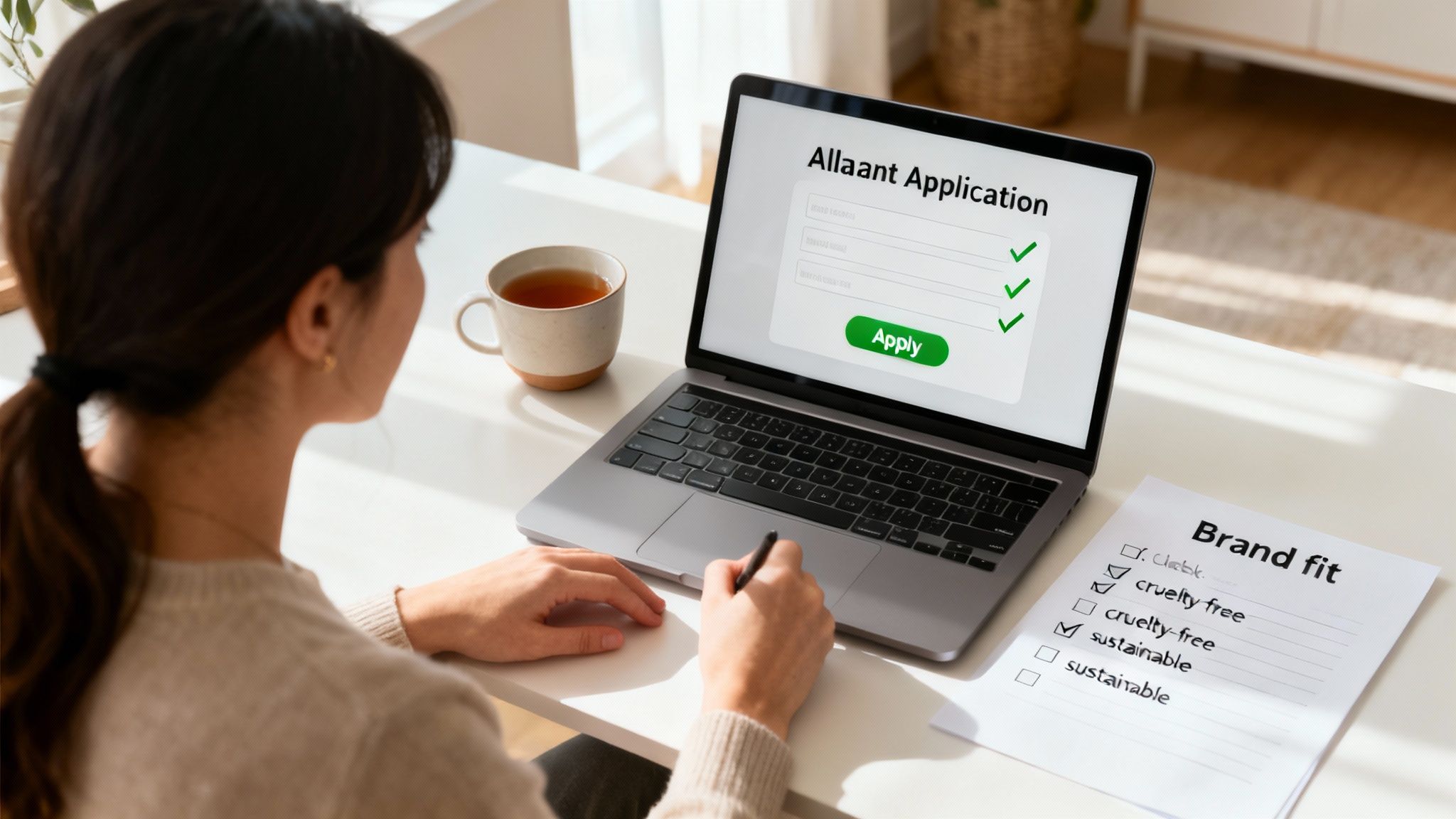 A person evaluates brand fit criteria on a paper checklist while completing an online application on a laptop.