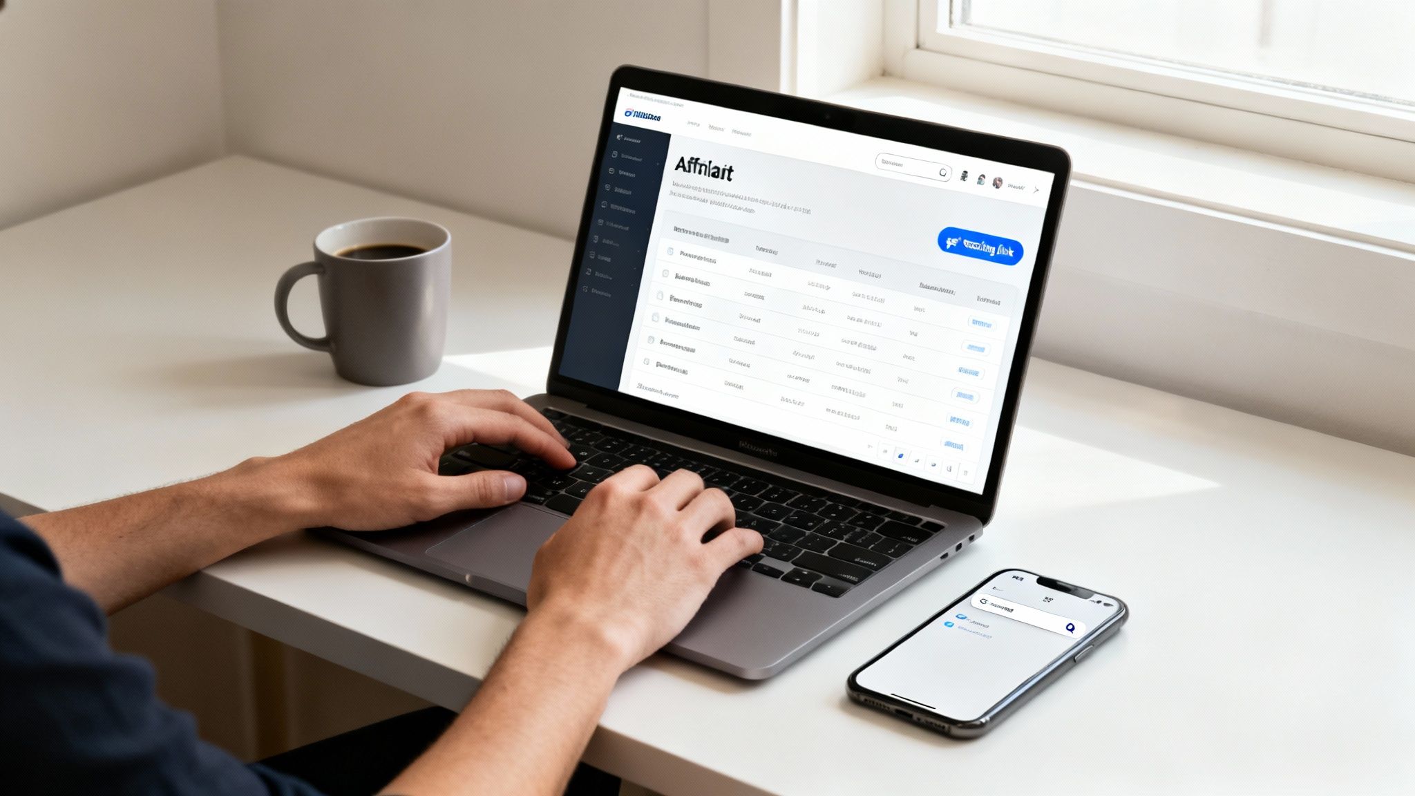 Person typing on a laptop showing an affiliate program dashboard, with a coffee mug and phone.