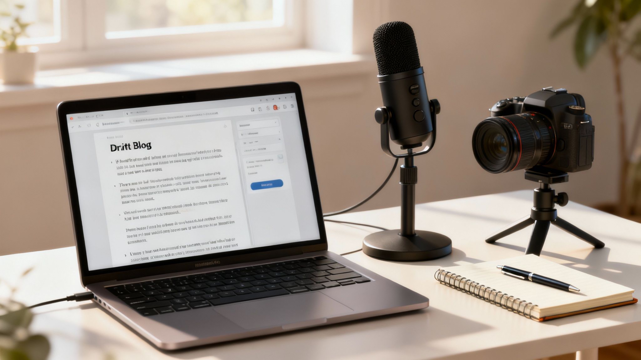 A person is sitting at a wooden desk with a laptop, camera, and microphone, planning their affiliate content strategy.