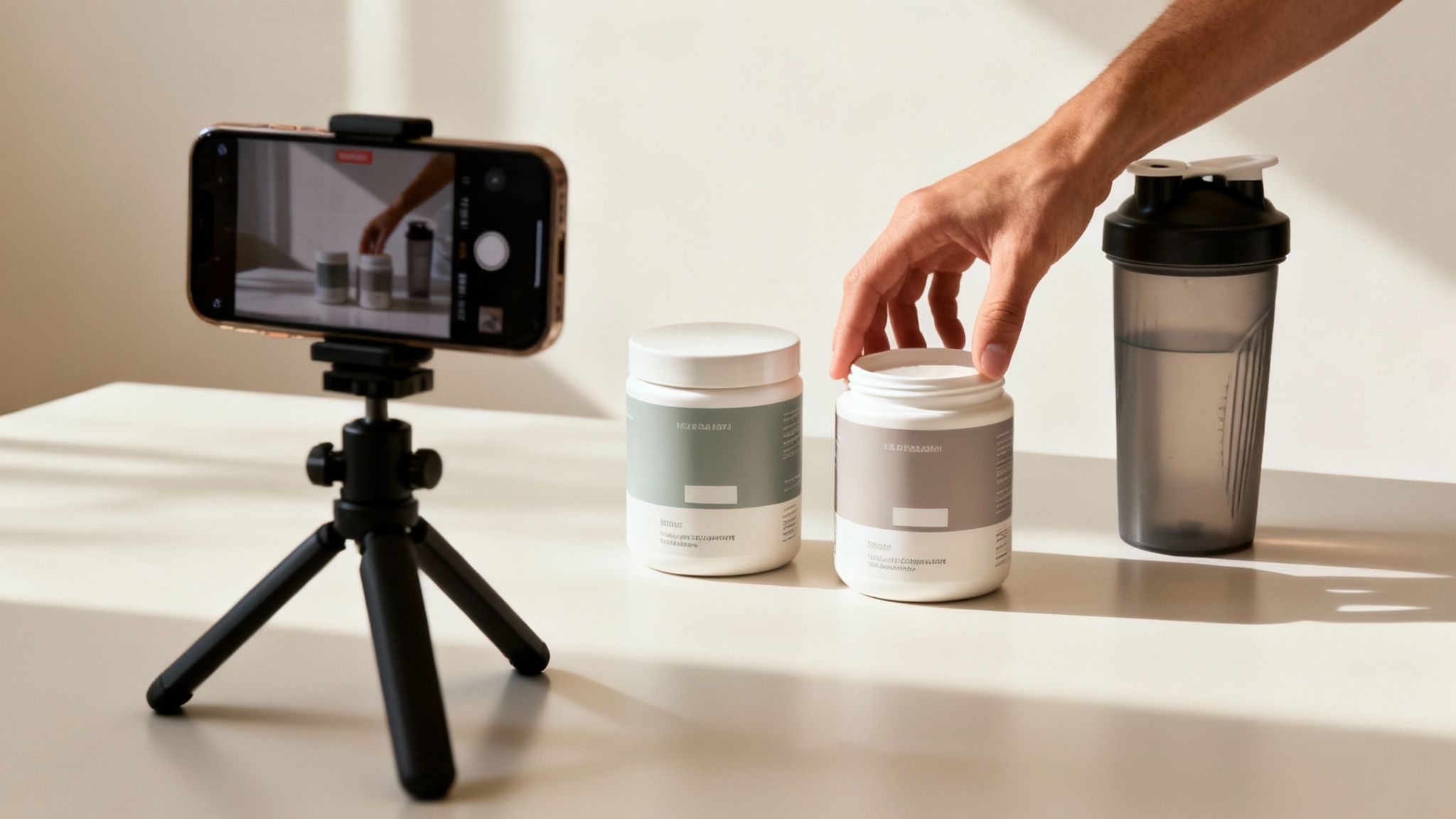 Hand reaching for supplement containers while filming product review content with smartphone on tripod