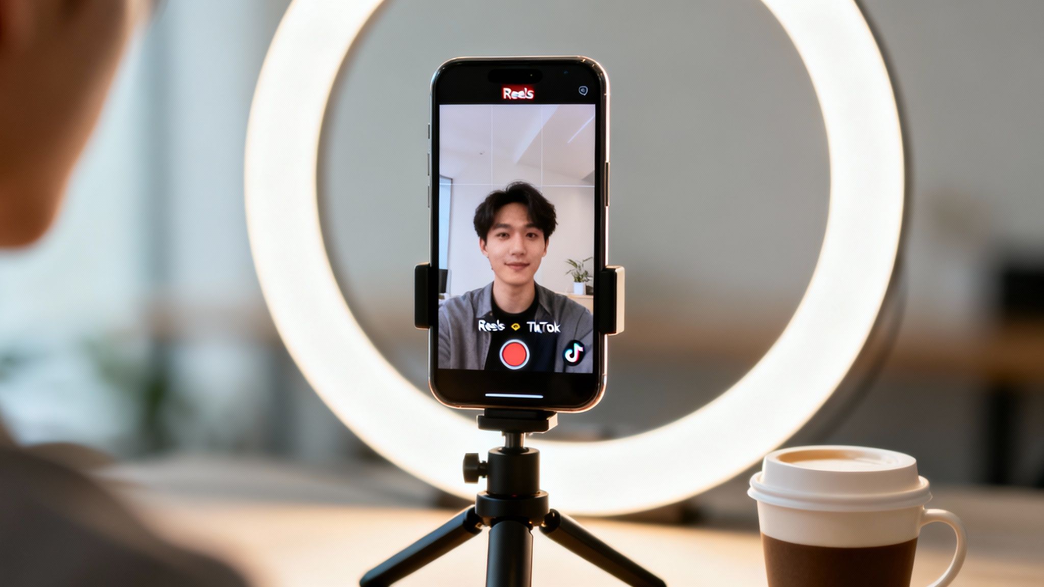 A young man records a video on a smartphone with a ring light, showing Reels and TikTok options.
