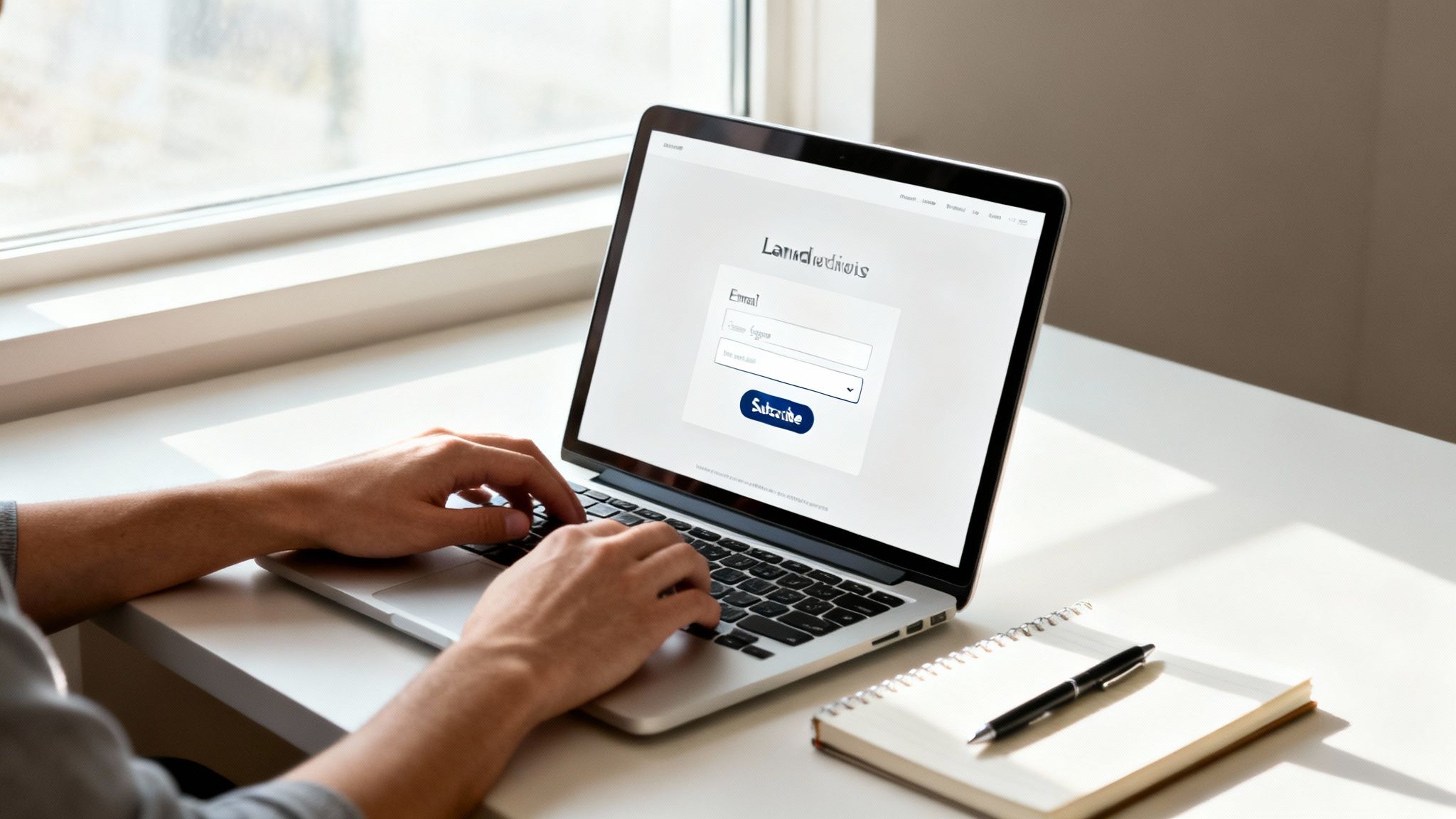 Hands typing on a silver laptop displaying a website with an email subscription form.