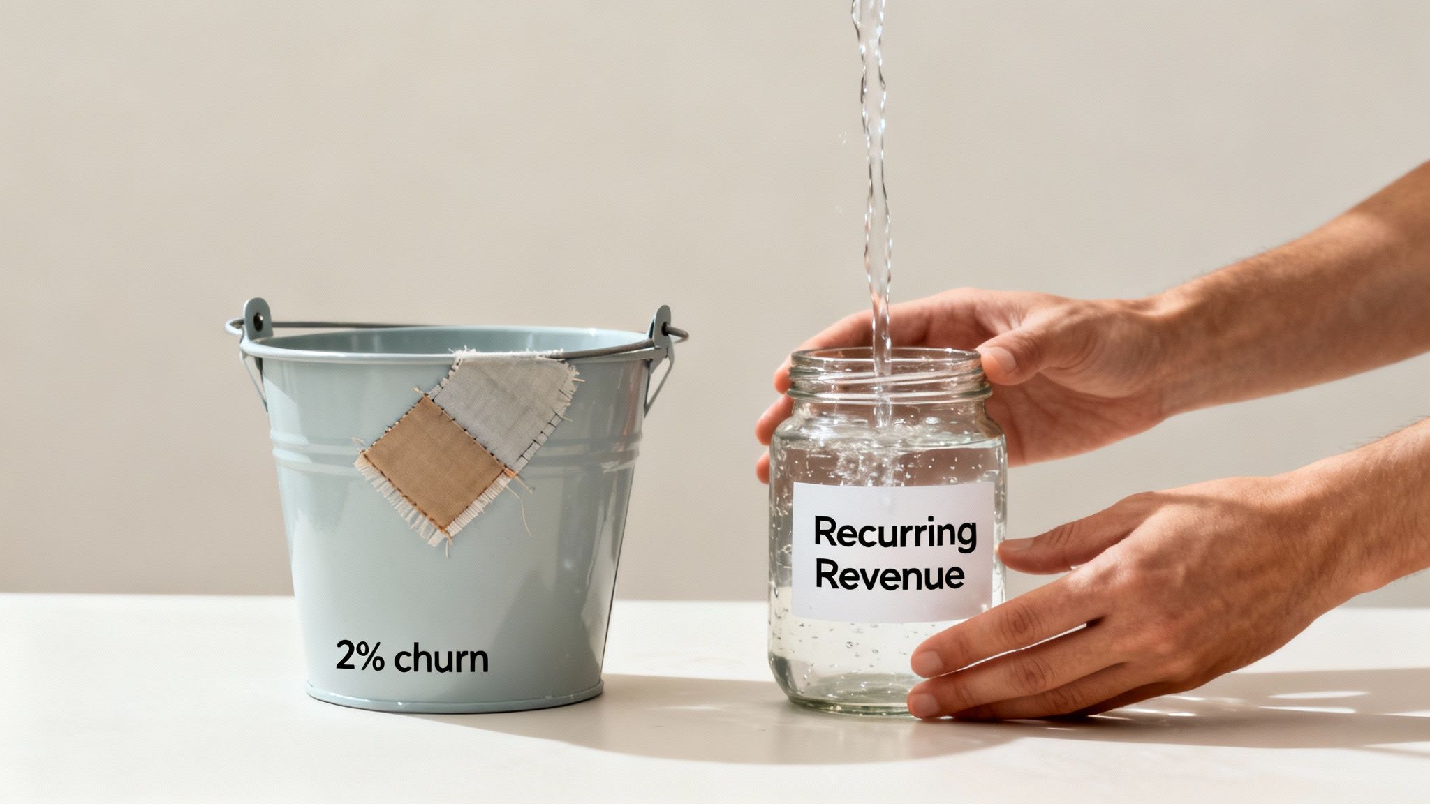 Hands pouring water into a 'Recurring Revenue' jar next to a '2% churn' leaky bucket.