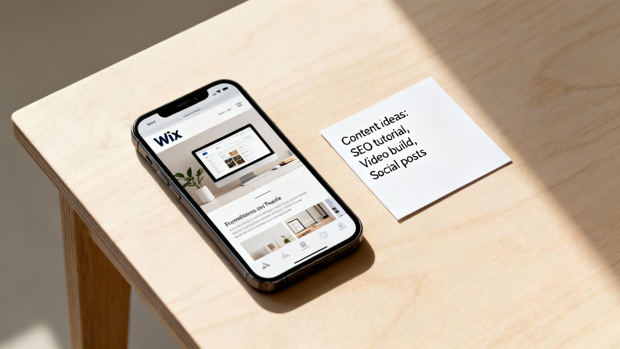 A smartphone displaying the Wix website and a sticky note with content ideas like SEO tutorial on a wooden desk.