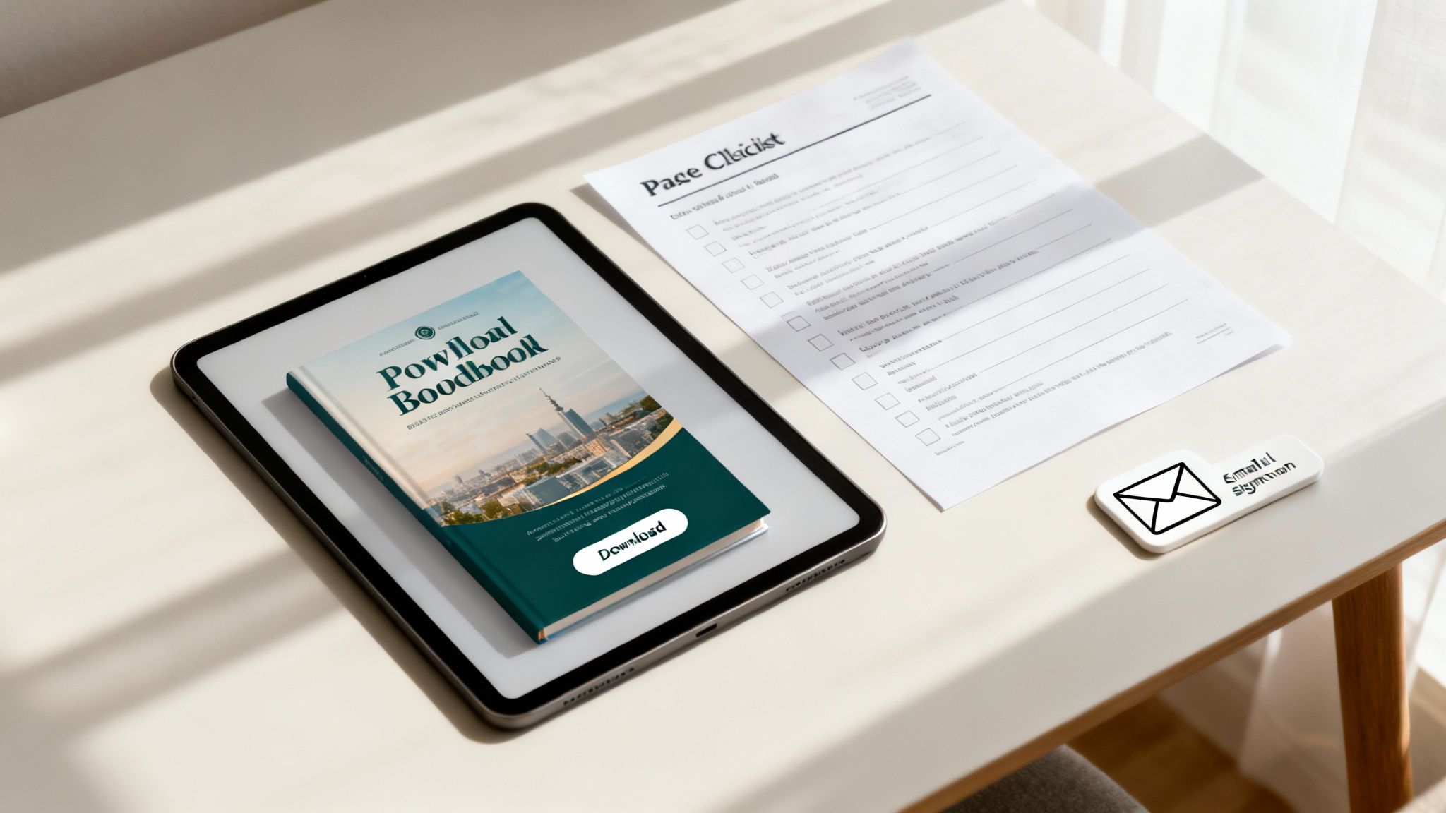 An e-book displayed on a tablet, a checklist, and an email signup object on a bright desk.