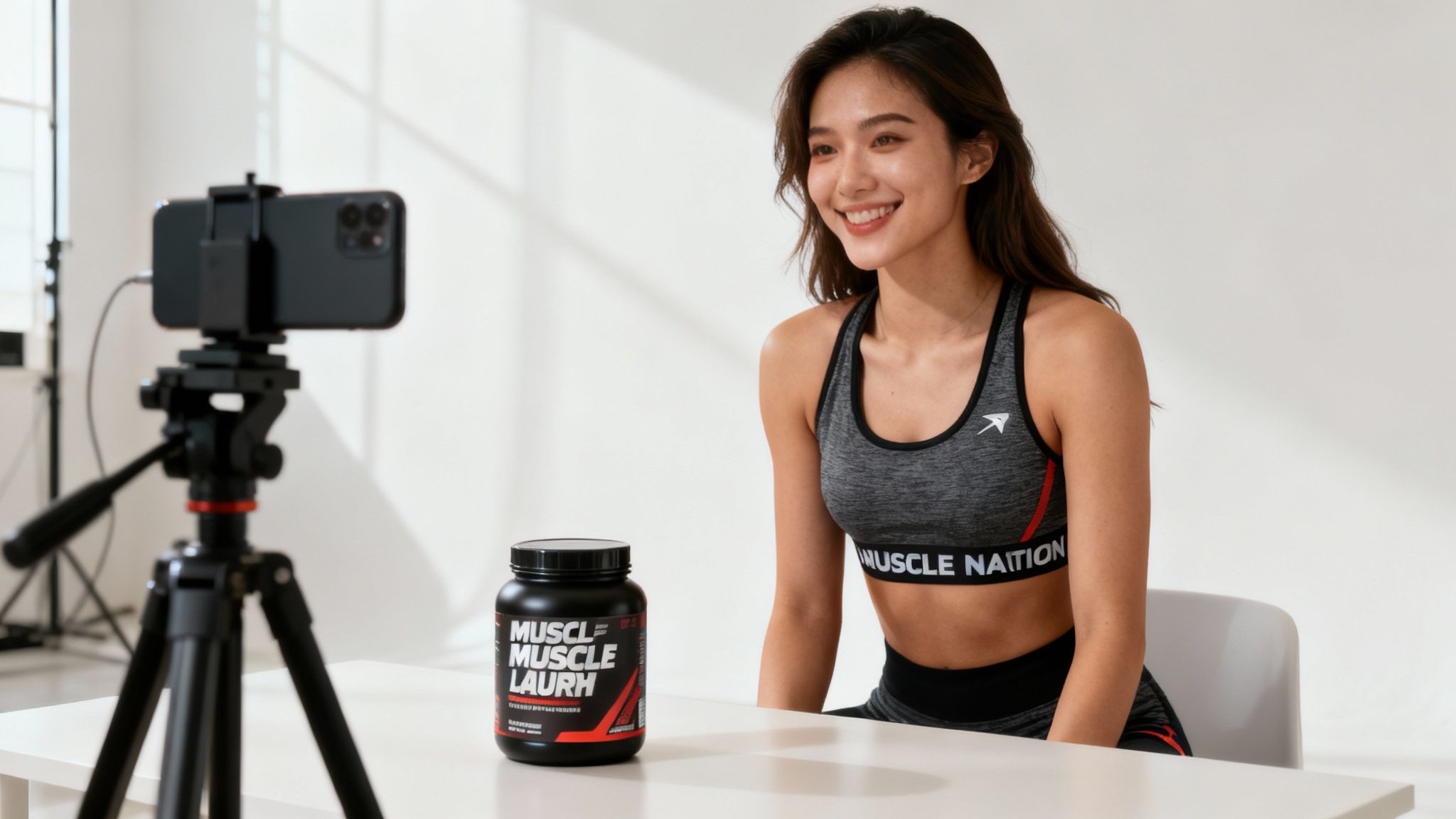 A fitness influencer is filming a workout tutorial on their phone, wearing Muscle Nation gear.