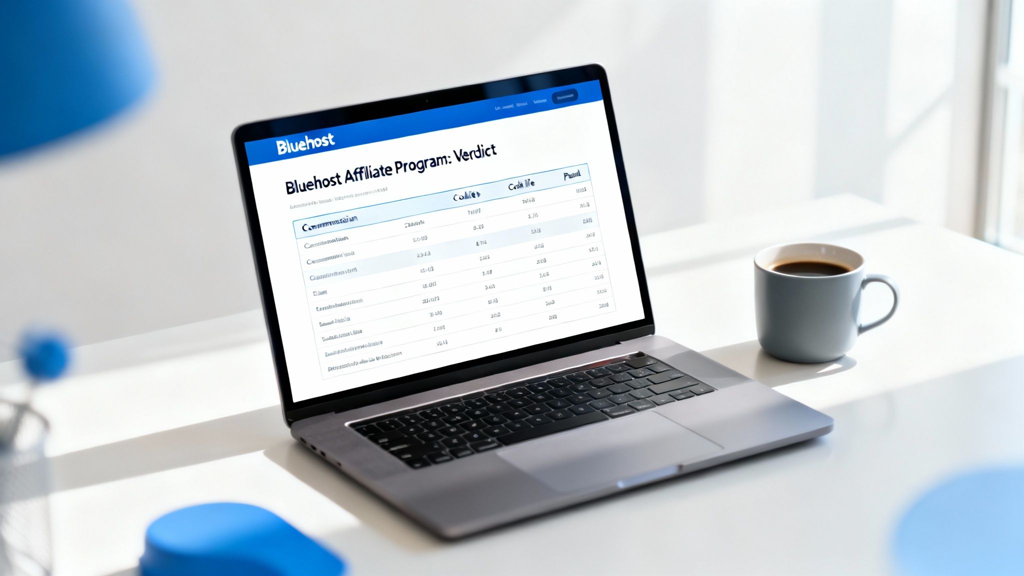 Laptop displaying Bluehost affiliate program verdict page with performance data table and coffee cup nearby