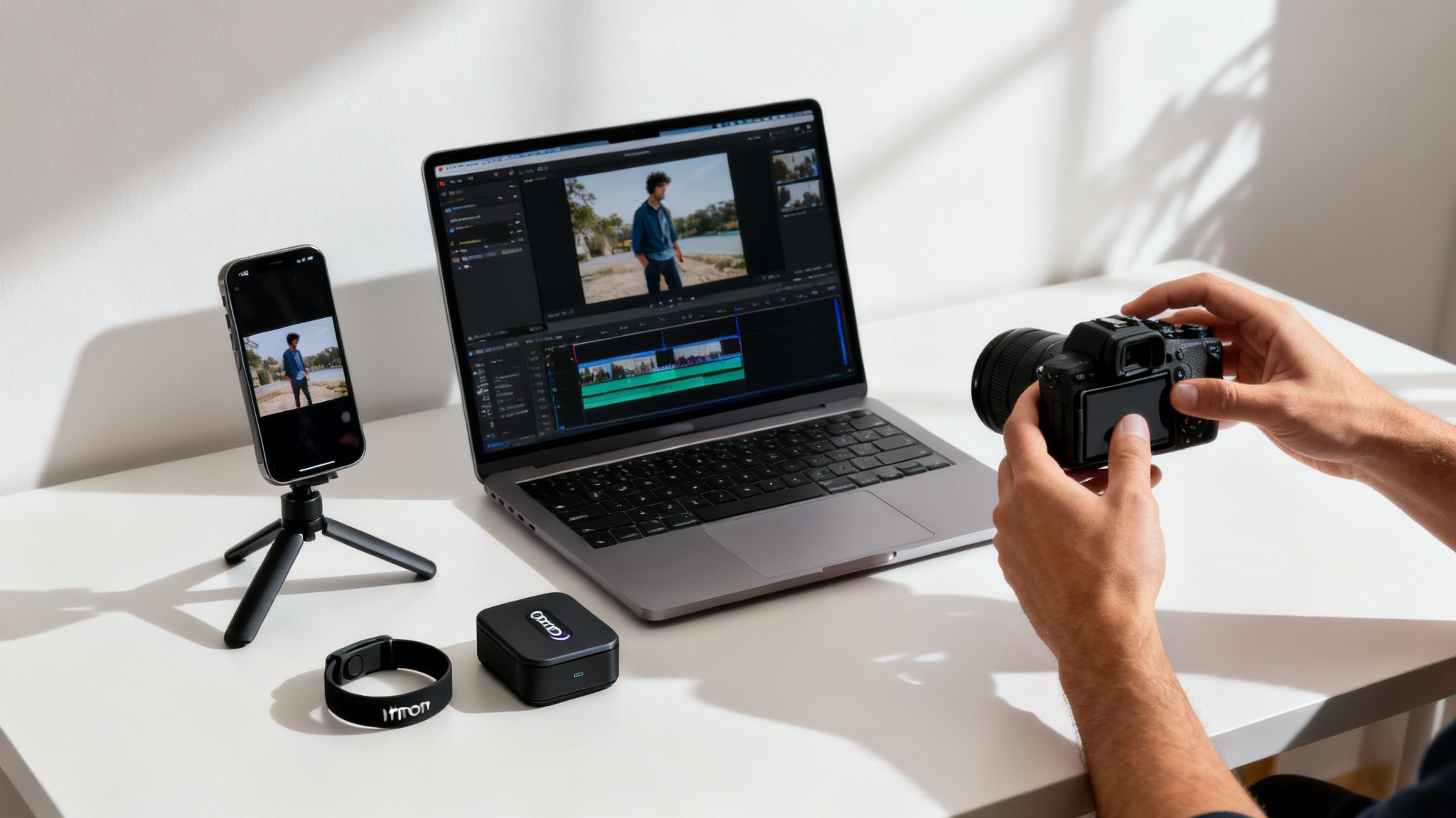 A person typing on a laptop with a Whoop on their wrist, showing data on the screen.