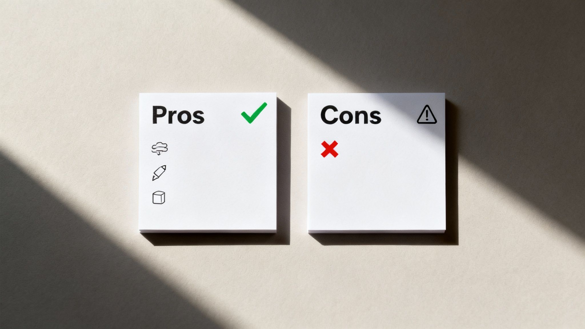 Two white cards showing pros and cons comparison with checkmark and warning symbols on minimalist background
