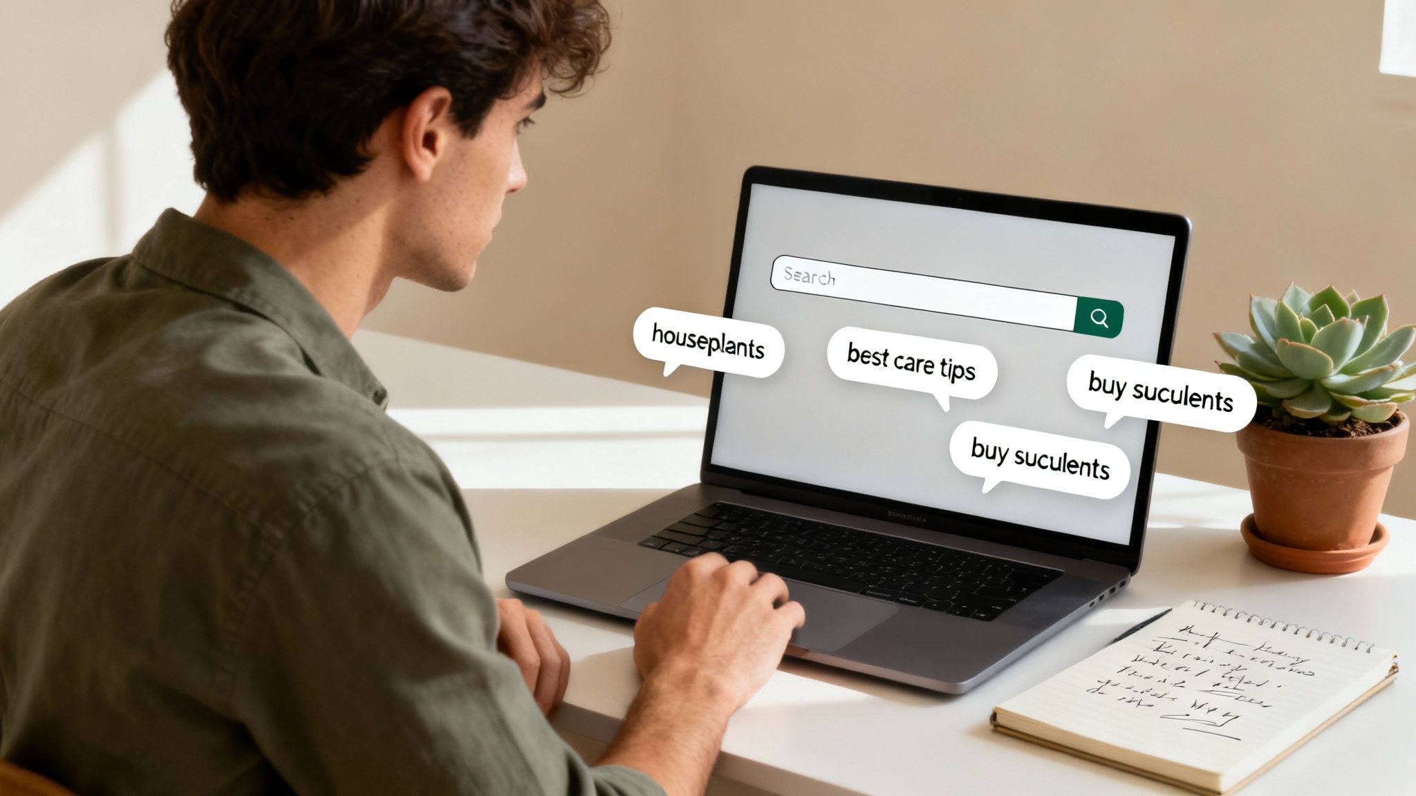 A person at a desk analyzing keyword data on a laptop screen