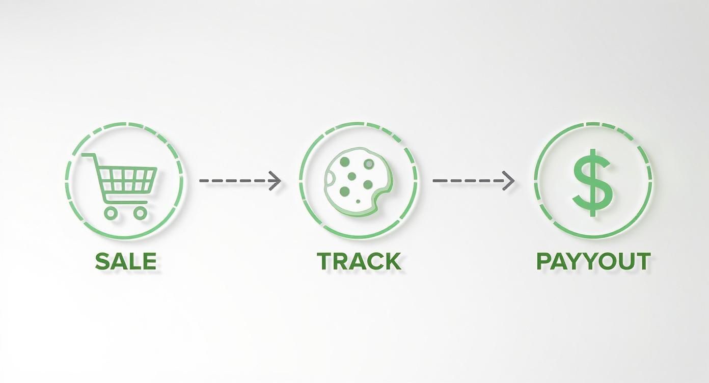 Three step affiliate marketing process flow diagram showing sale, track, and payout stages with icons