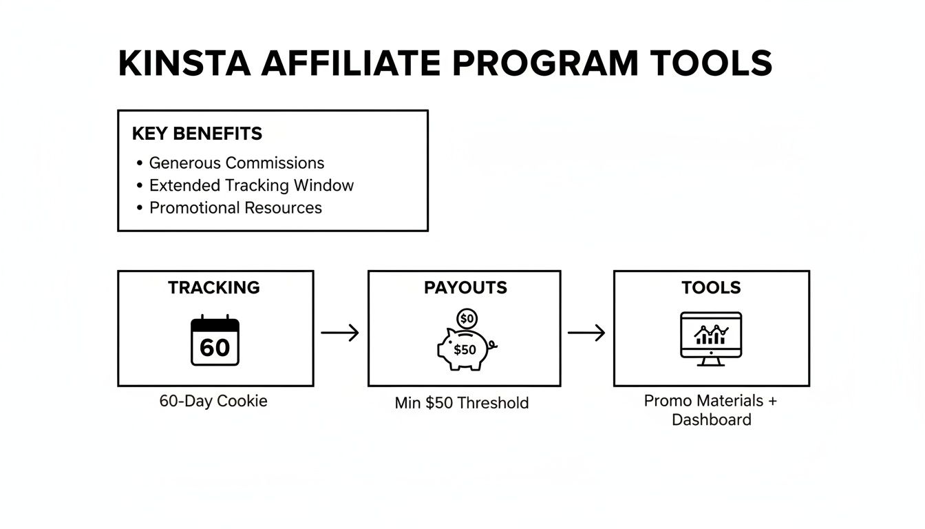 A flowchart outlining Kinsta Affiliate Program tools, key benefits, tracking, payouts, and promotional resources.