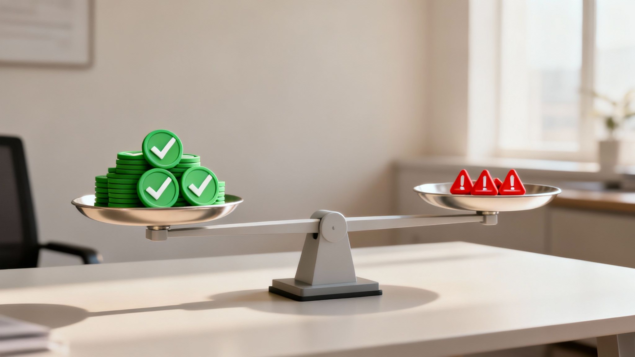 A visual representation of a scale balancing the pros (like cost savings) and cons (like risk) of AppSumo deals.