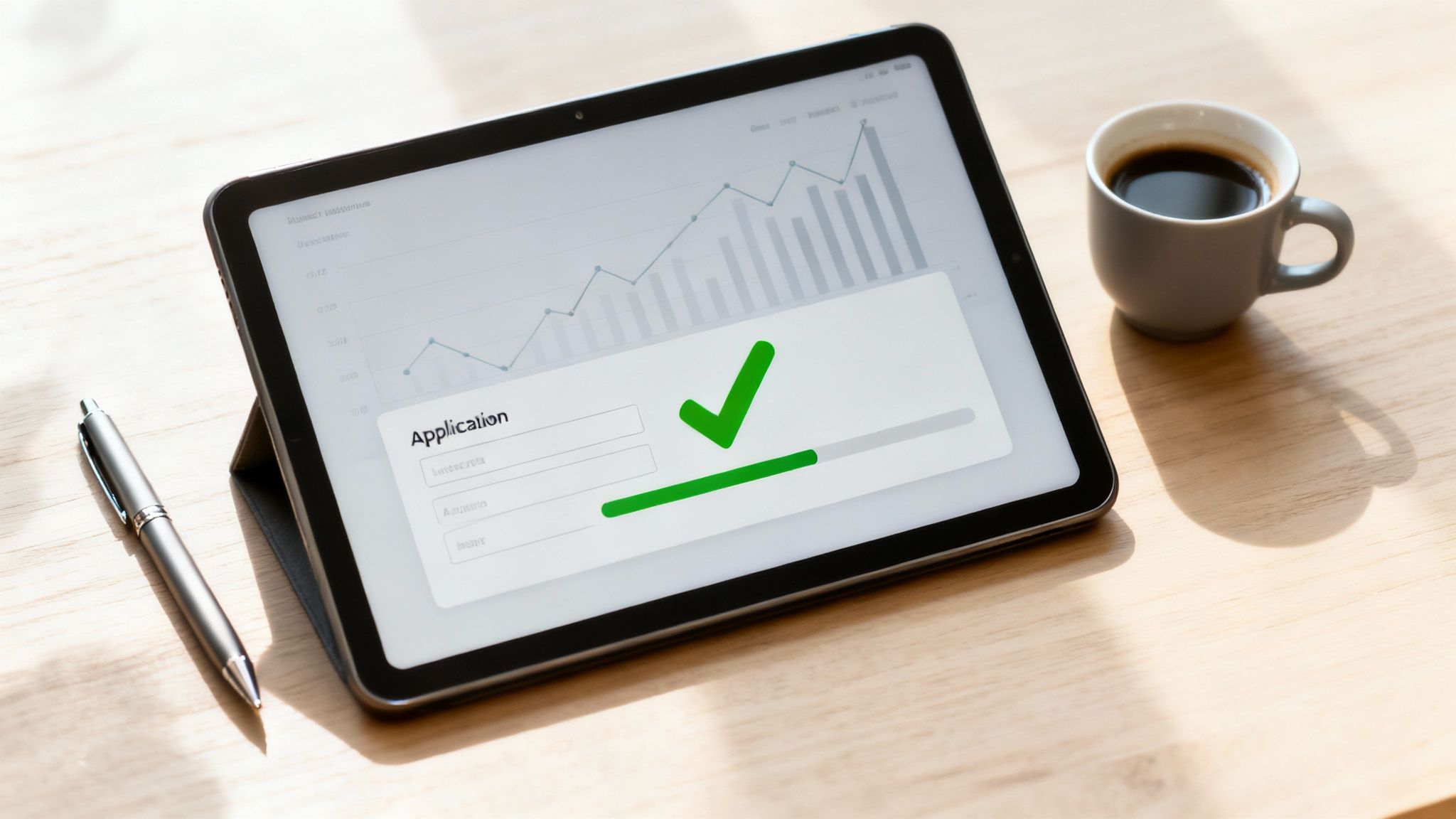 Tablet displaying approved application with green checkmark and analytics chart on wooden desk