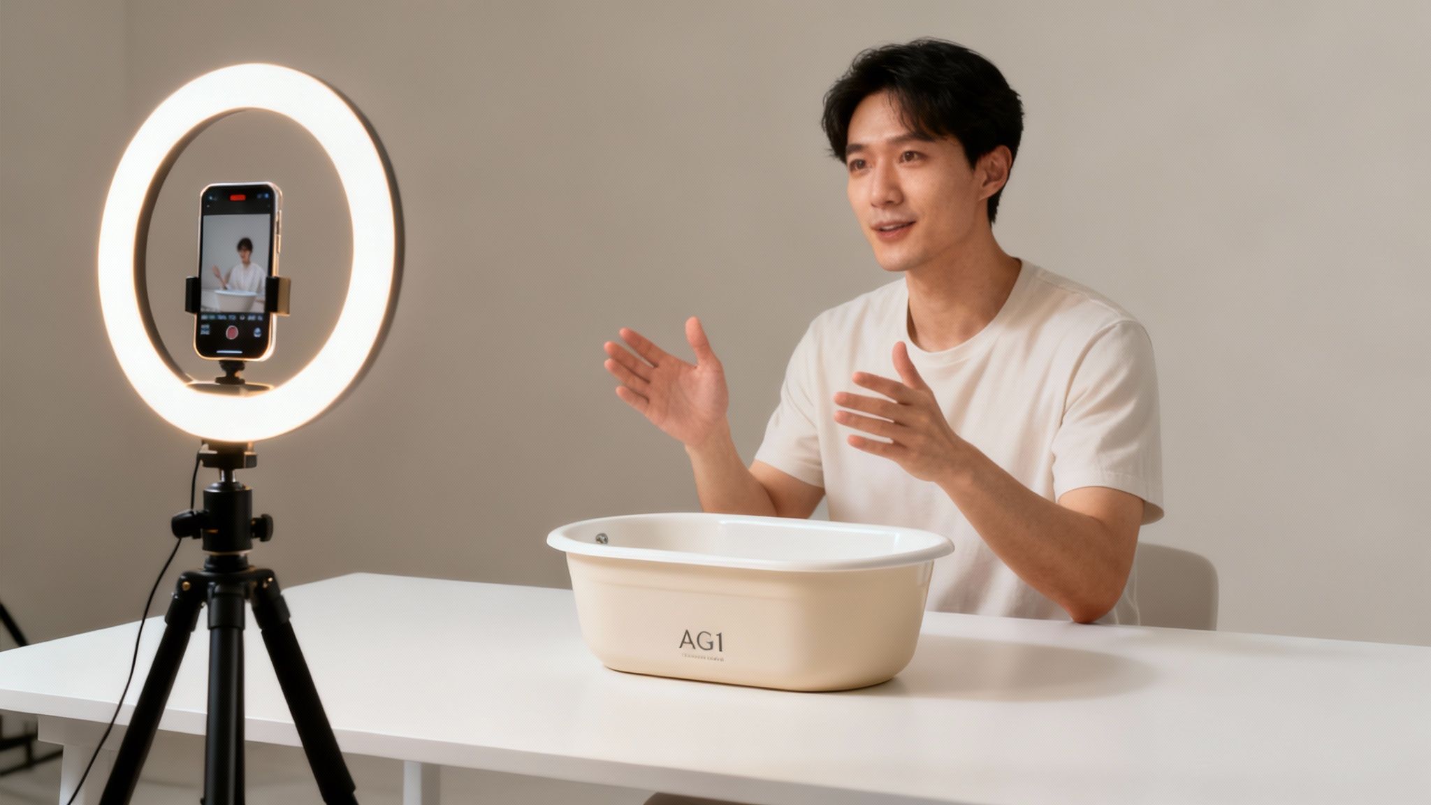 Man recording product review video with ring light and smartphone showing AG1 supplement basin