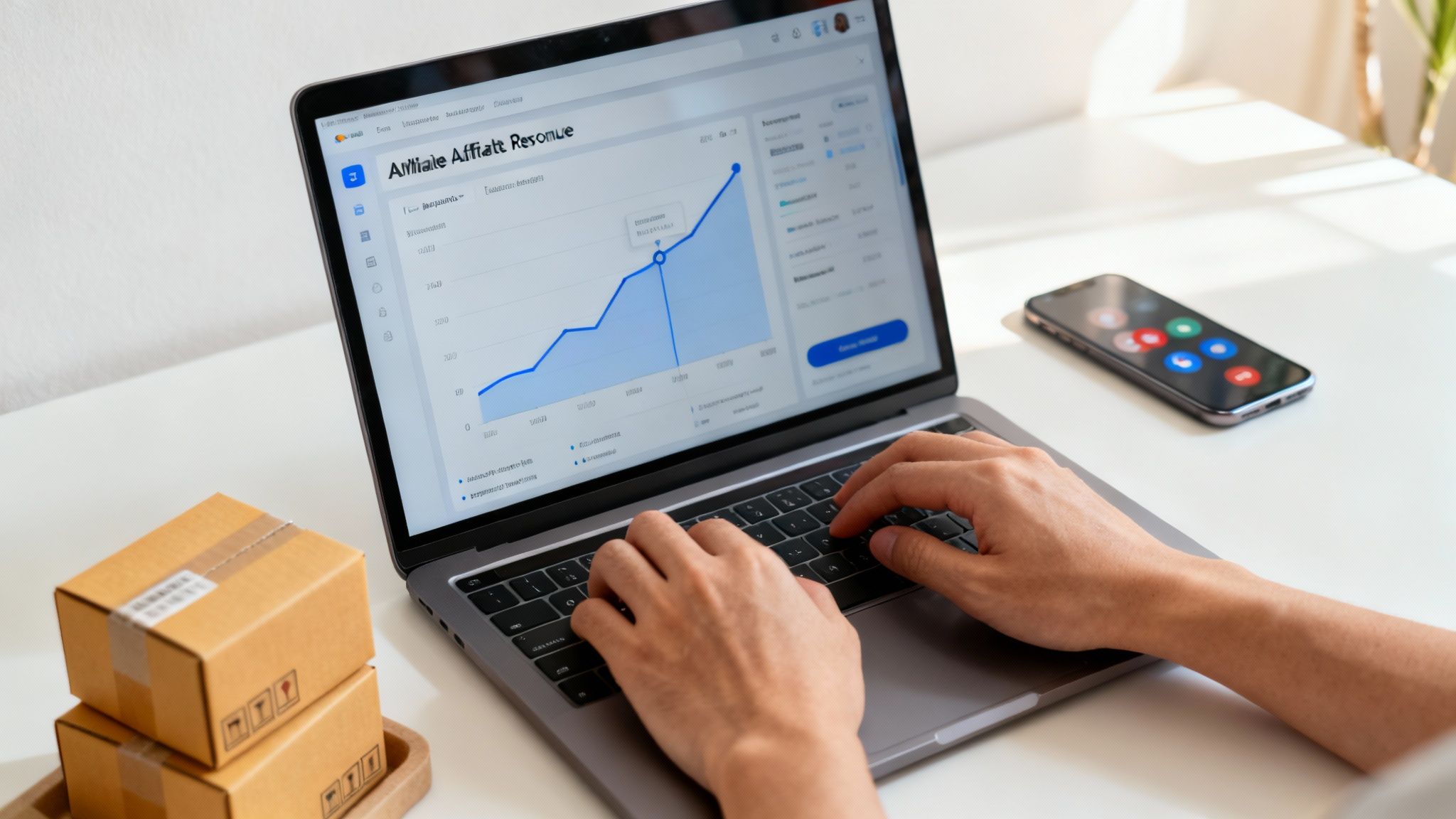 A person working on a laptop surrounded by charts and graphs showing upward trends, representing affiliate marketing success.