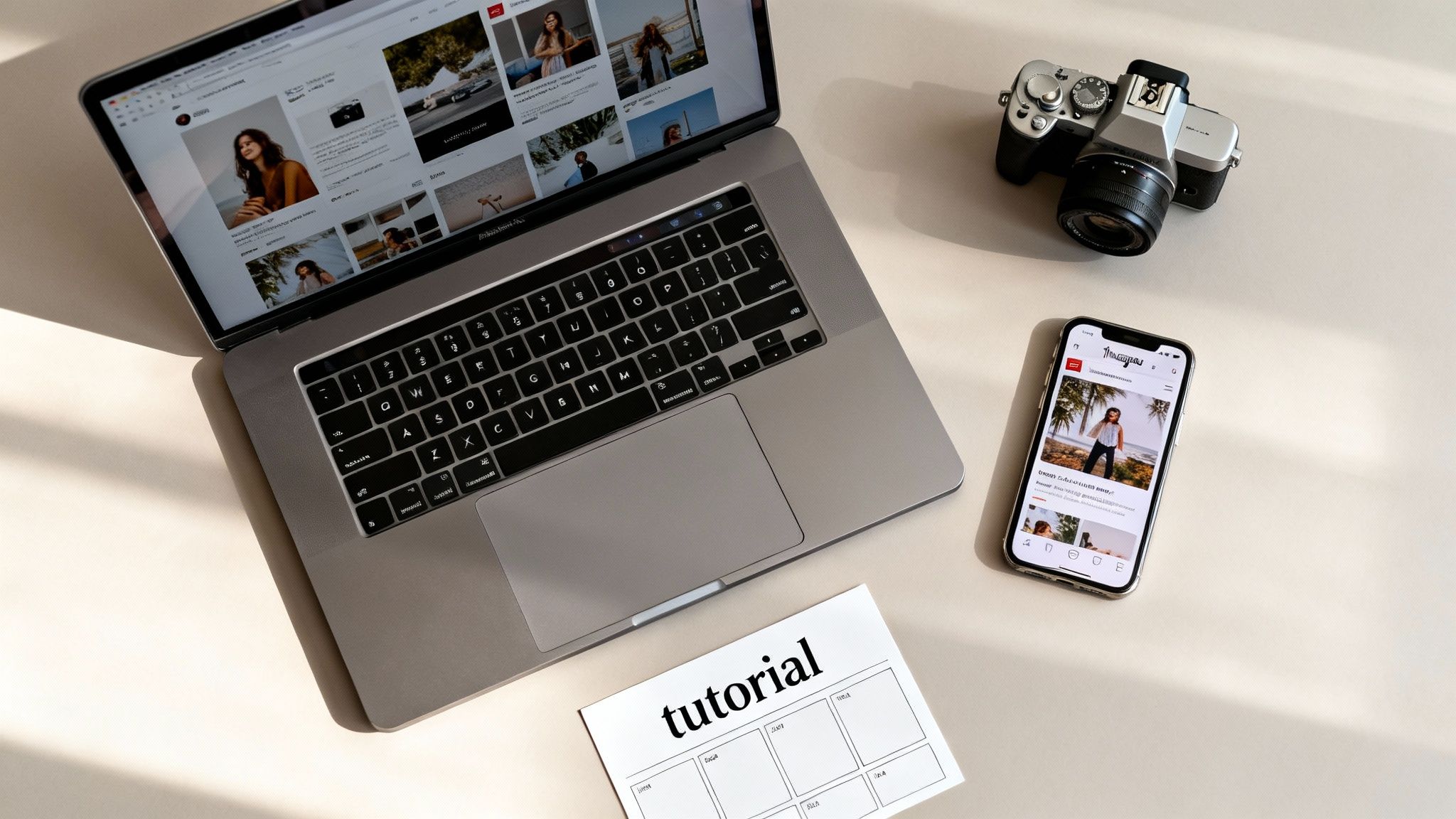A flat lay of a professional workspace with a laptop, camera, smartphone, and 'tutorial' note.