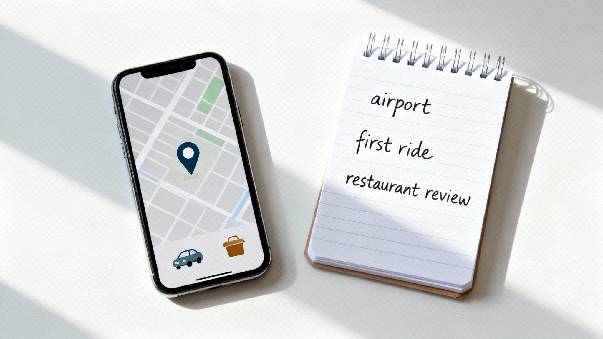 Smartphone showing map with location pin next to notebook listing travel tasks and ride-sharing plans