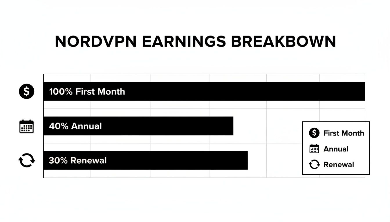 NordVPN earnings breakdown chart showing 100% for first month, 40% annual, and 30% renewal.