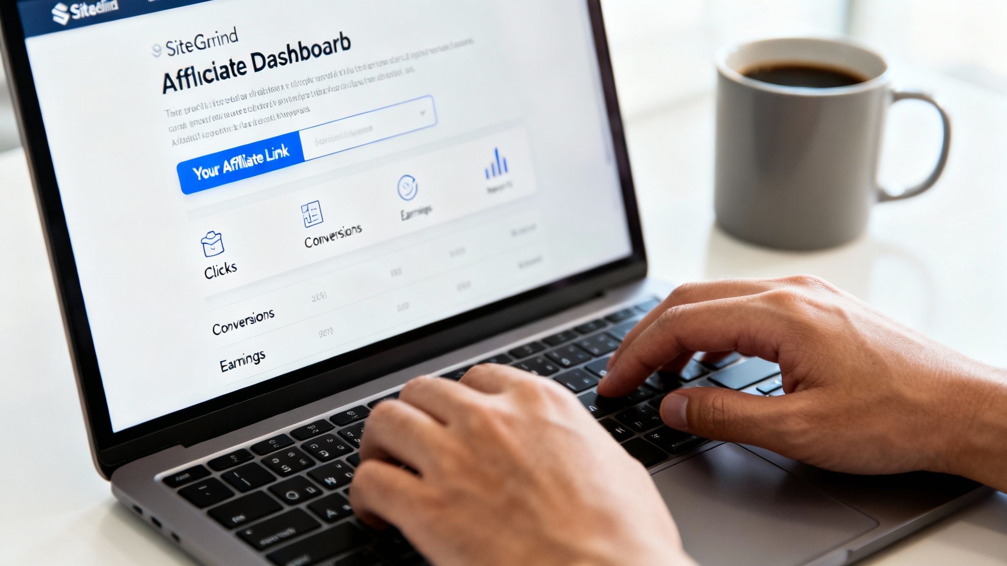 A person types on a laptop showing a SiteGrind affiliate dashboard with clicks and conversions, beside a coffee mug.