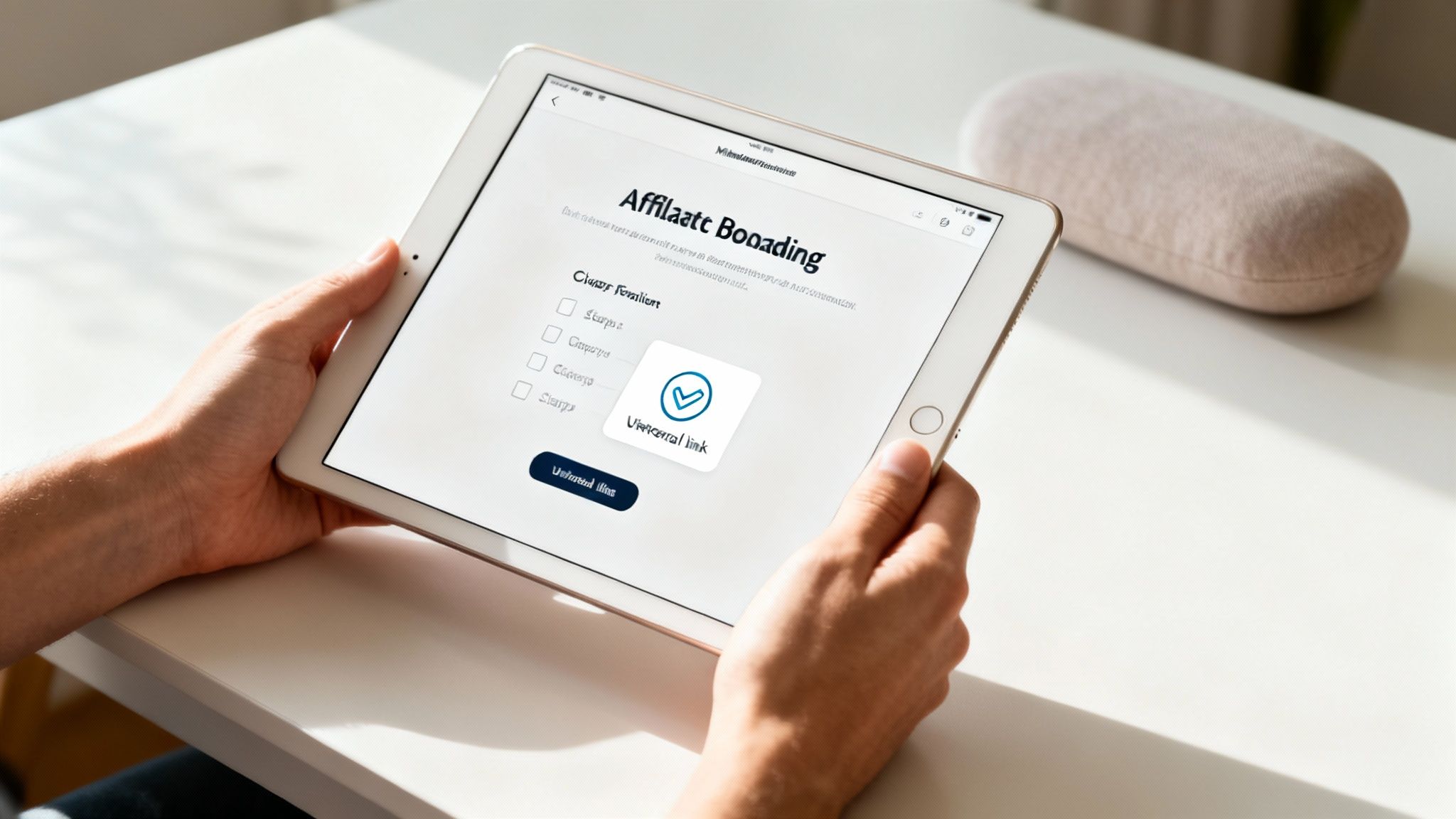 Hands holding a tablet displaying an affiliate program onboarding form with 'Universal link' selected.