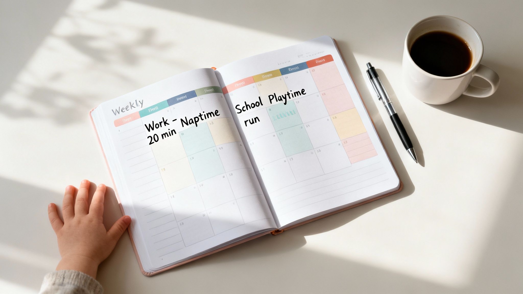 A child's hand next to an open weekly planner with tasks, pen, and coffee cup.