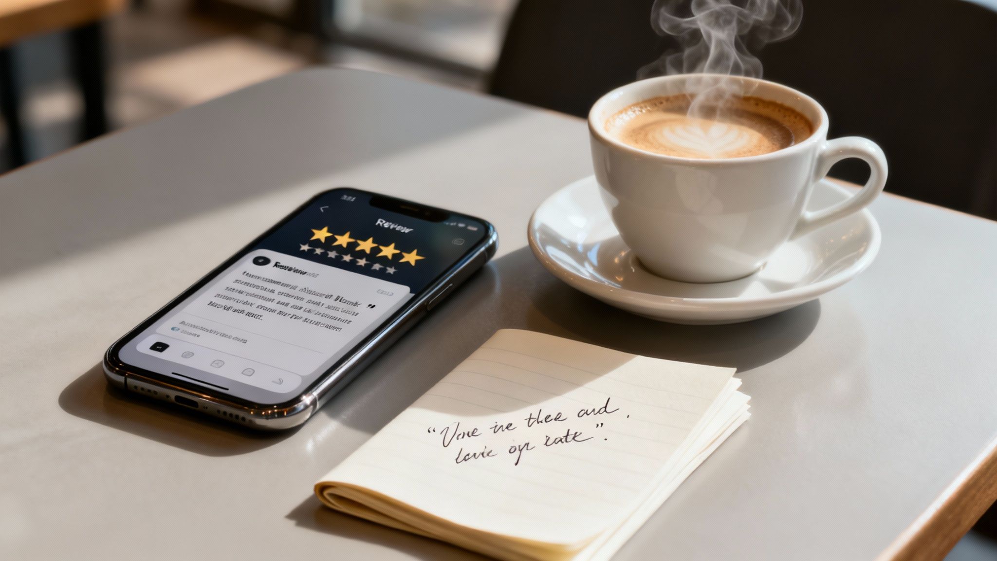 Smartphone displaying five-star review rating next to steaming coffee cup and handwritten note on cafe table