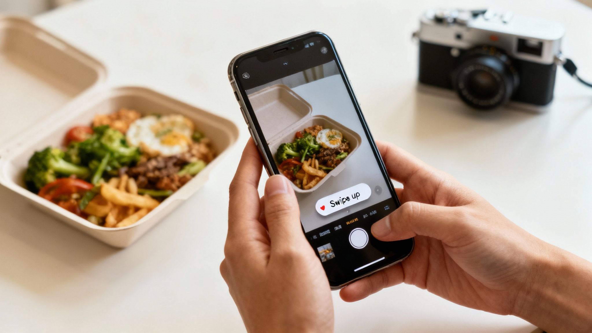 A person using a smartphone with the Uber Eats app open, surrounded by various food items.