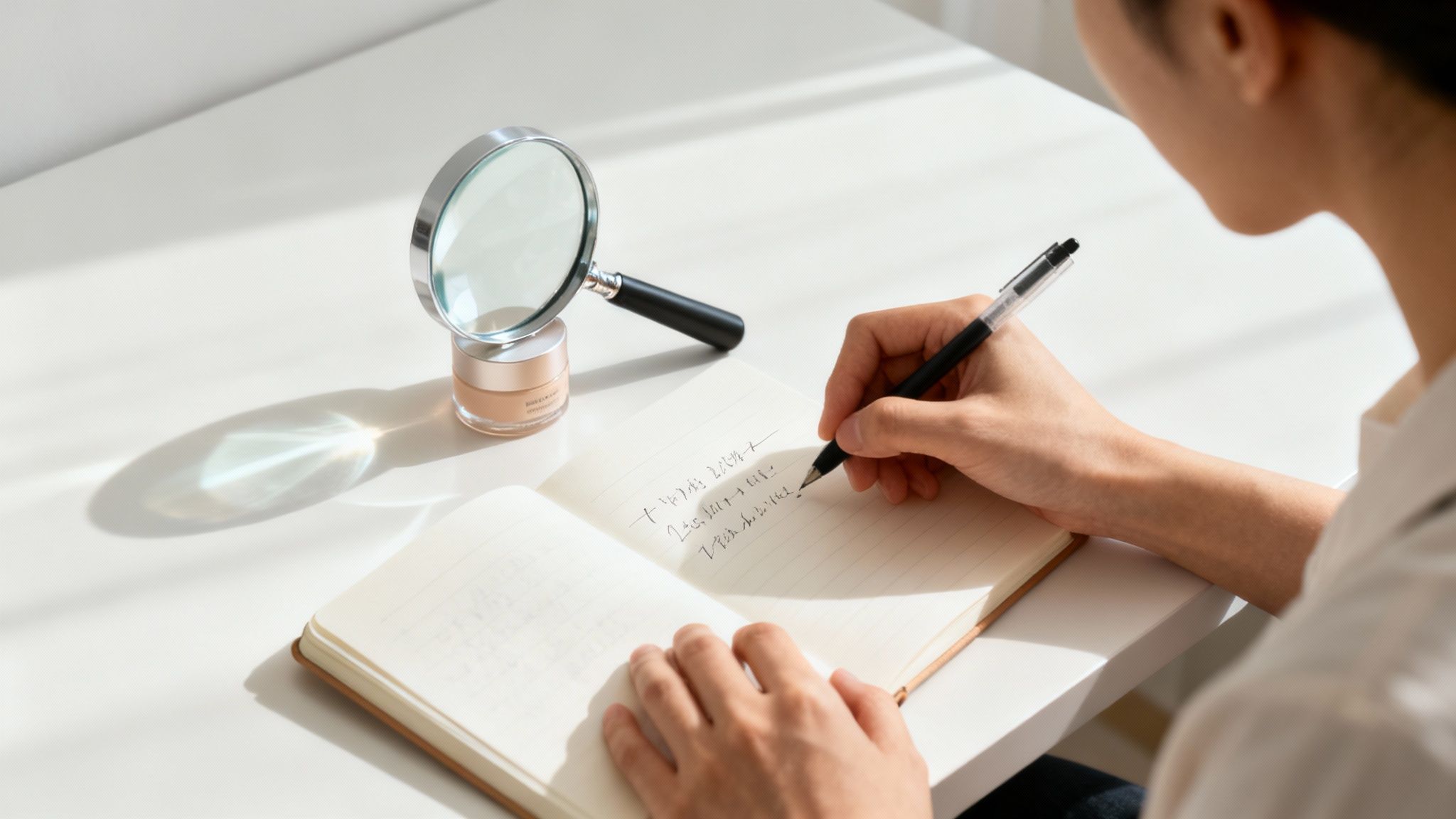 A person's hands typing on a laptop, surrounded by a product in its box, a camera, and a notebook, illustrating the process of product reviewing.