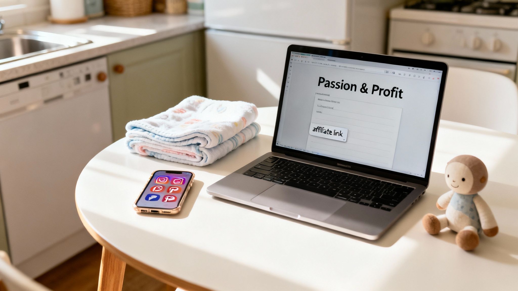 Laptop with 'Passion & Profit' and 'affiliate link', phone showing social media apps, next to towels.