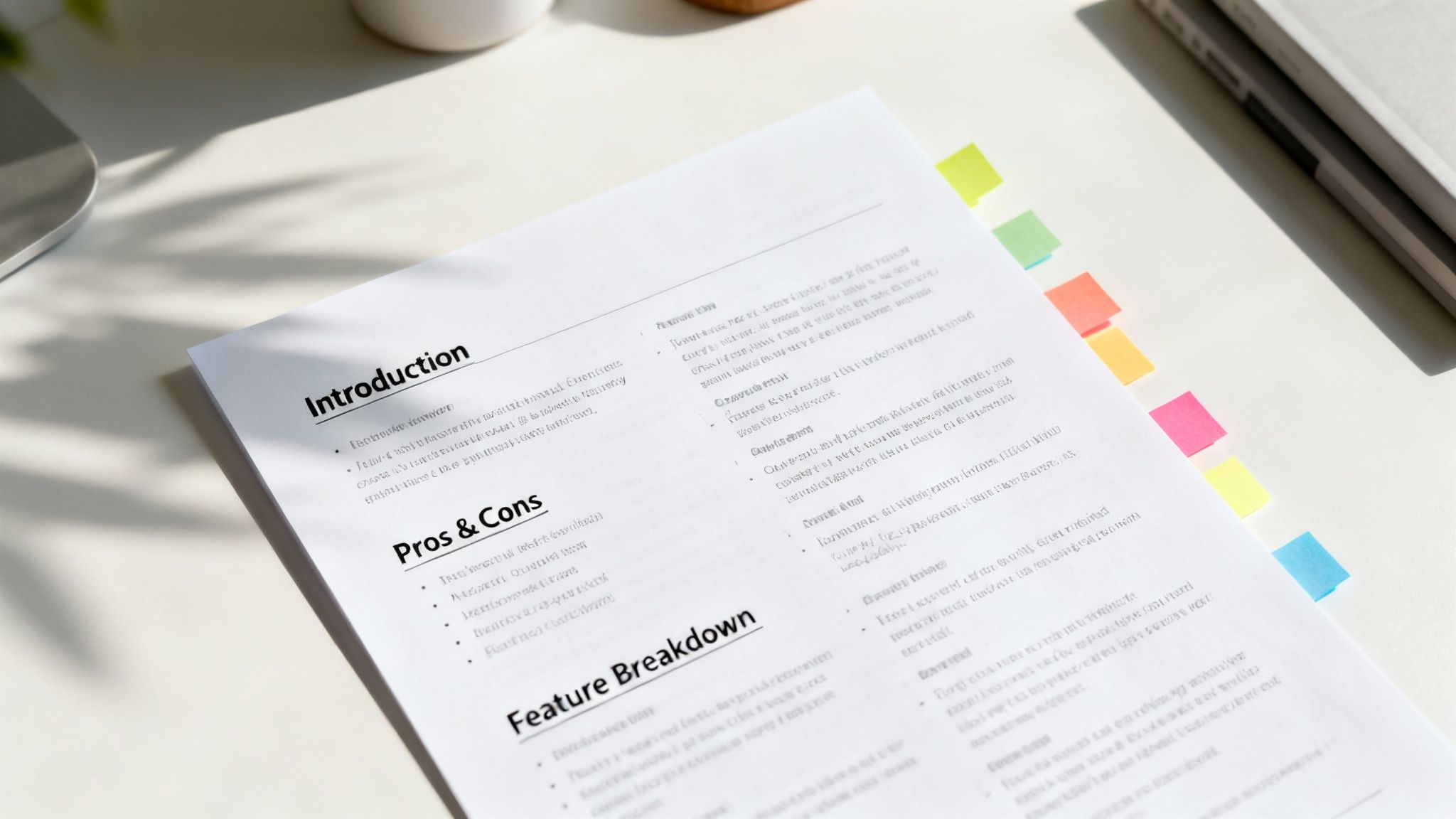 A wireframe diagram of a blog post layout on a tablet, showing sections for an introduction, summary box, pros and cons, and a conclusion, representing a well-structured review.