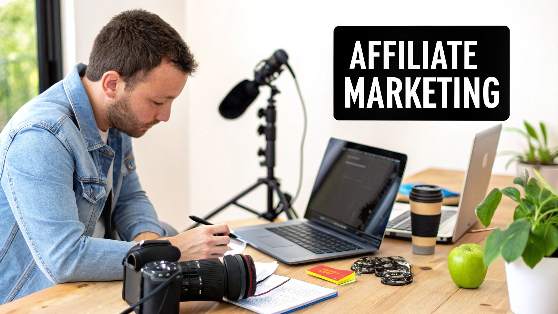 A content creator smiling and working on their laptop, illustrating the concept of affiliate marketing for creators.