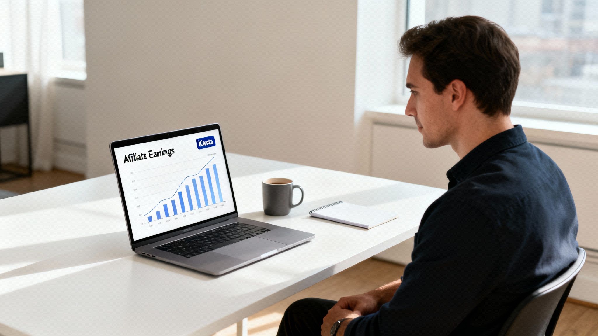 A man reviews his rising Kinsta affiliate earnings on a laptop at his desk.
