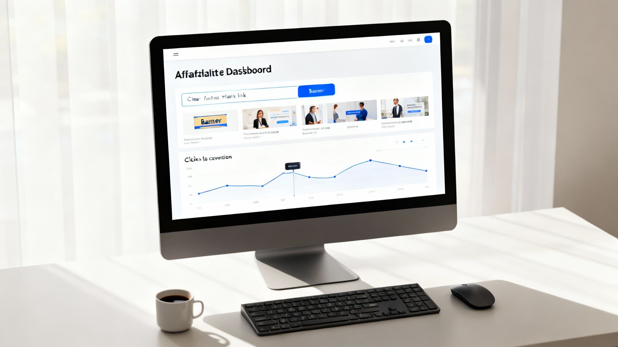 A digital dashboard showing performance metrics, charts, and affiliate tools.