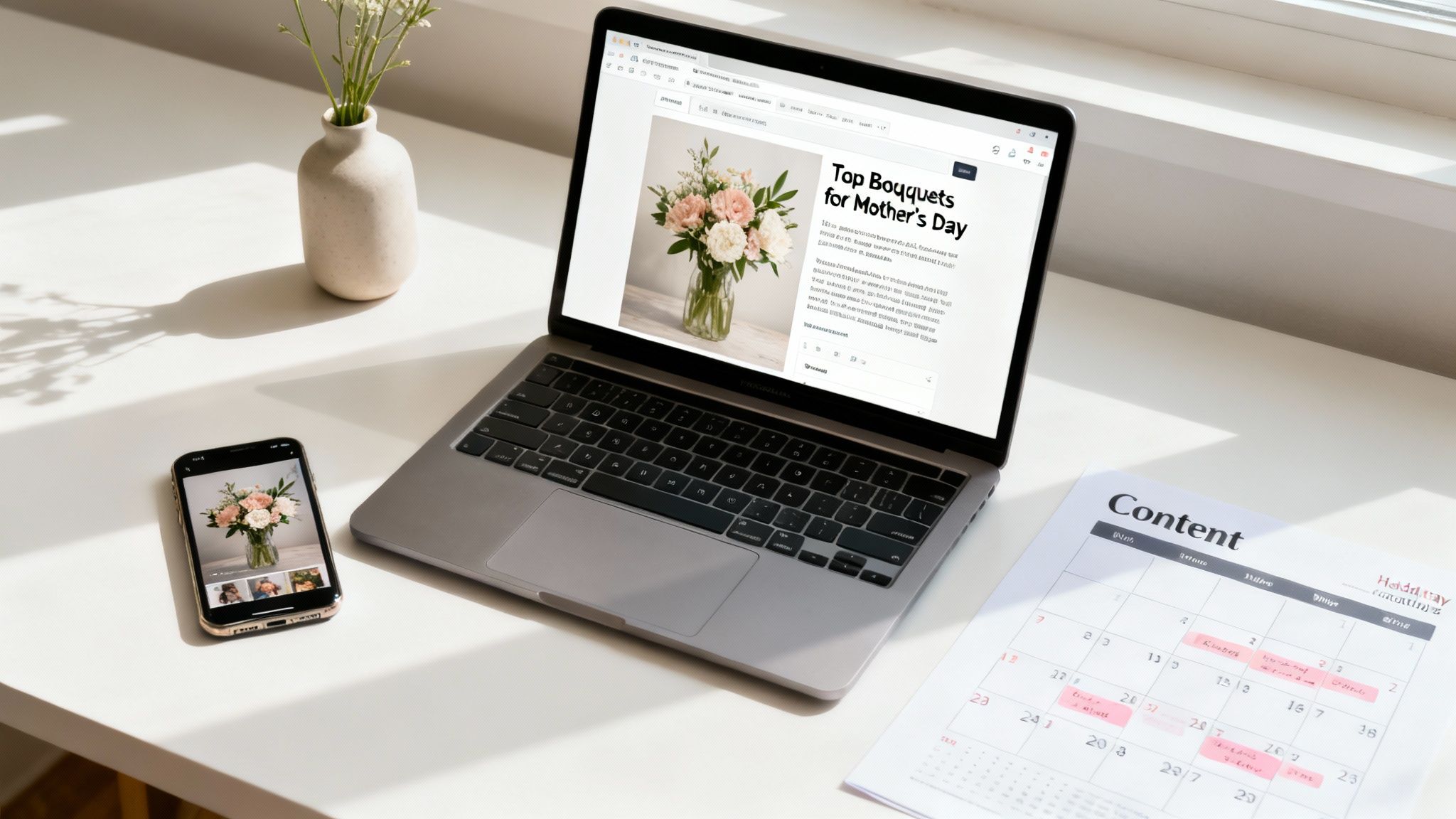 A bright workspace with a laptop showing a blog post about flower bouquets, a phone, and a content calendar.