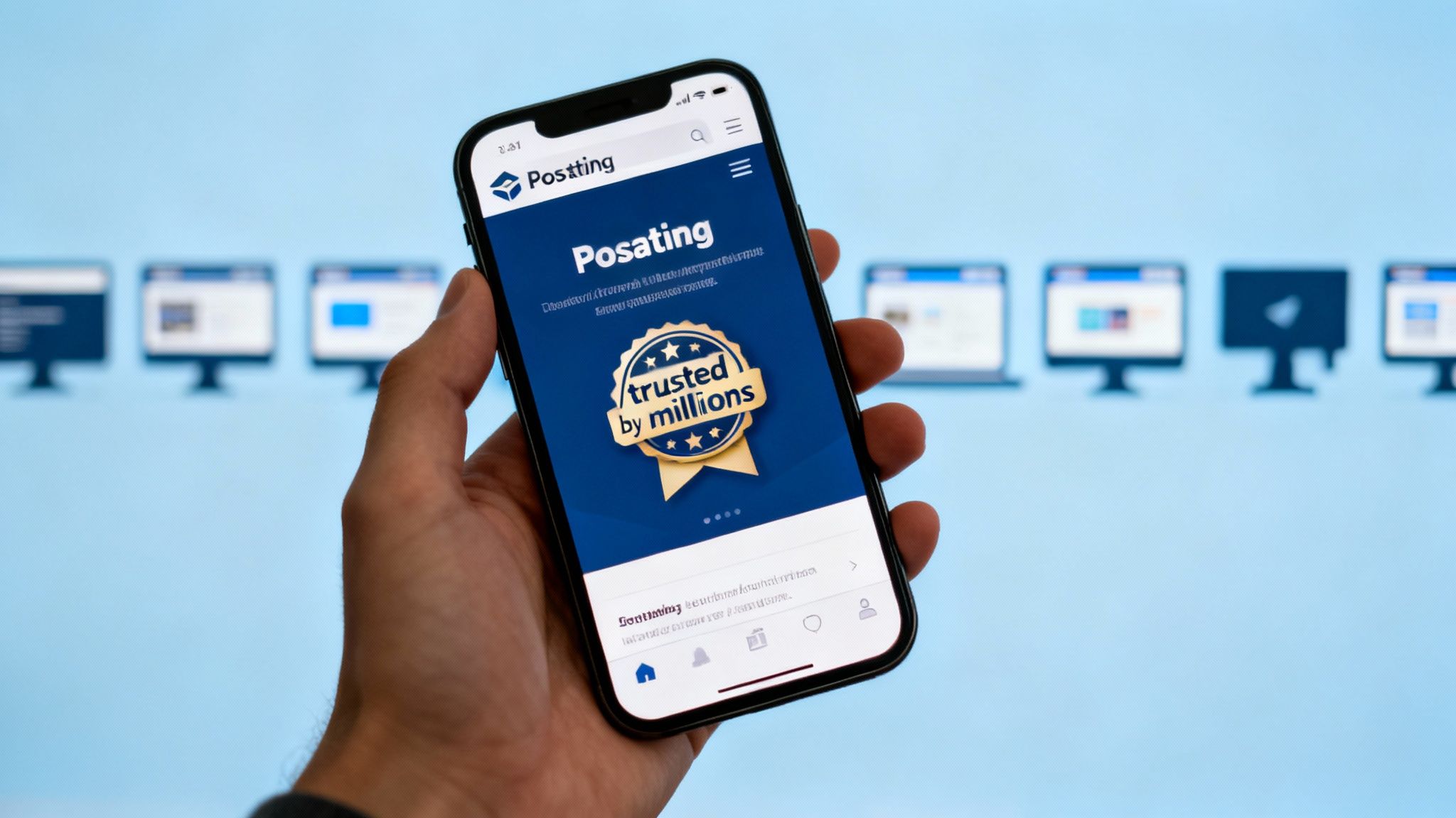 Person holding smartphone displaying Posating app homepage with trusted by millions badge and blue interface