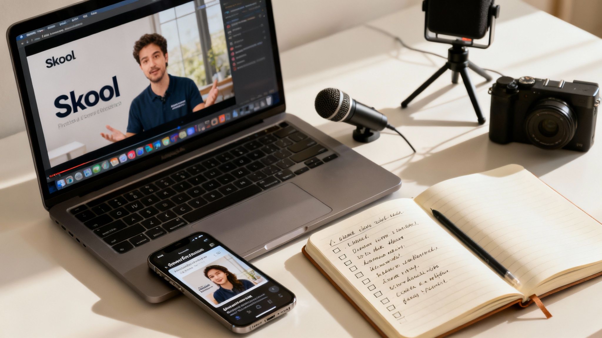 A creative workspace showing a laptop with the Skool logo, surrounded by marketing materials, indicating effective promotion strategies.